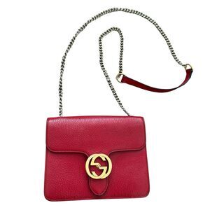 Authentic Gucci Interlocking Leather Crossbody Bag Red Calfskin Chain